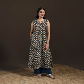 Ajrakh Hand Block Print Natural Dyed Cotton Sleeveless A-Line Long Kurta for women 34