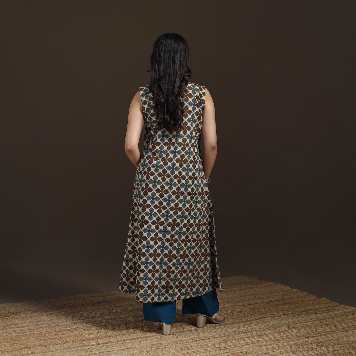 Ajrakh Hand Block Print Natural Dyed Cotton Sleeveless A-Line Long Kurta for women 34