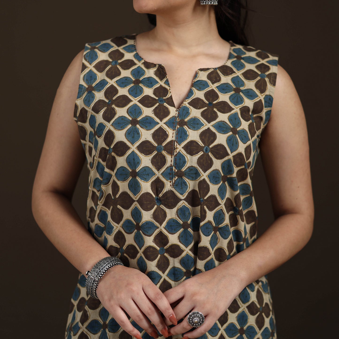Ajrakh Hand Block Print Natural Dyed Cotton Sleeveless A-Line Long Kurta for women 34