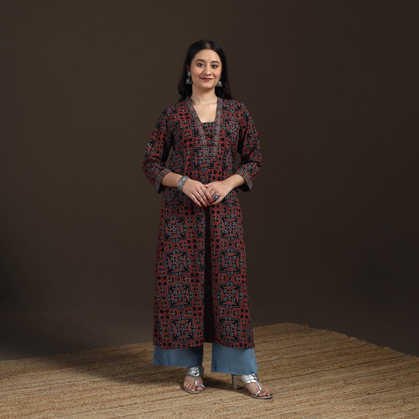 Ajrakh Hand Block Print Natural Dyed Cotton Straight Long Kurta for women 01