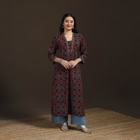 Maroon - Ajrakh Hand Block Print Natural Dyed Cotton Straight Long Kurta for women 01