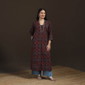 Ajrakh Hand Block Print Natural Dyed Cotton Straight Long Kurta for women 01