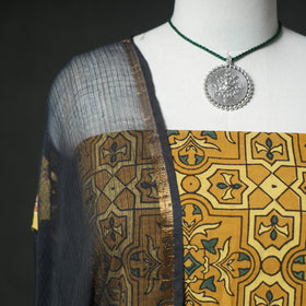 Ajrakh Block Print Natural Dyed Cotton Unstitched Dress Material: Kurta & Dupatta with Jewellery 14