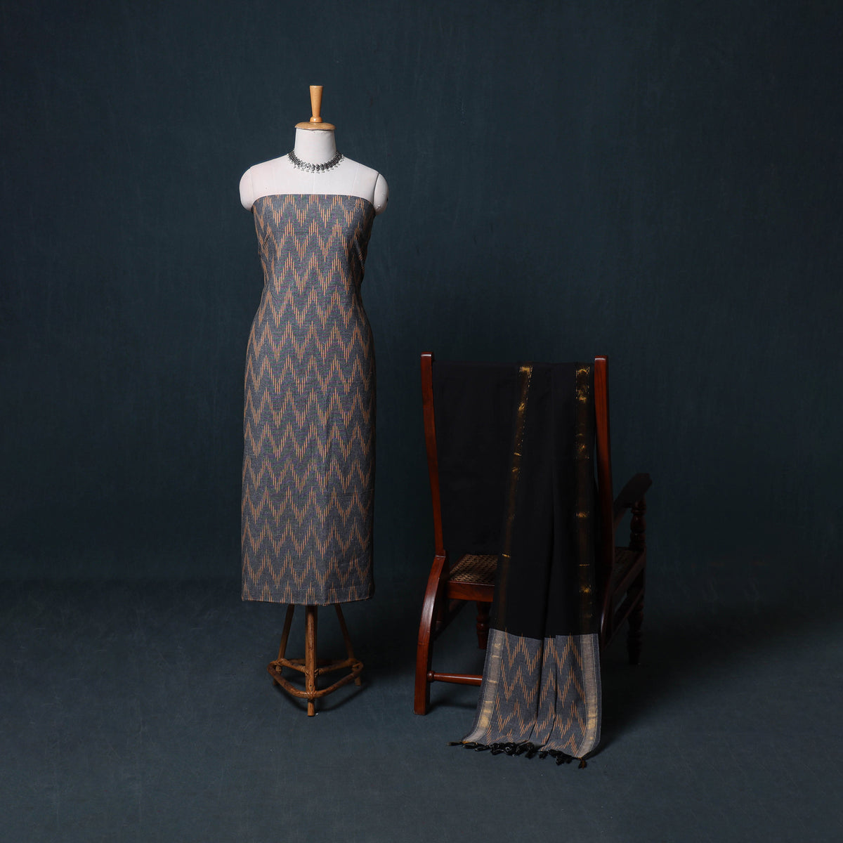 Pochampally Ikat Cotton Unstitched Dress Material: Kurta, Bottom with Dupatta 12