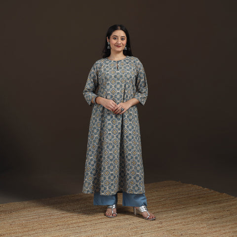 Ajrakh Hand Block Print Natural Dyed Cotton A-Line Long Kurta for women 37