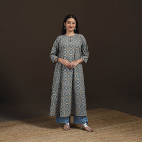 Ajrakh Hand Block Print Natural Dyed Cotton A-Line Long Kurta for women 37