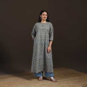 Ajrakh Hand Block Print Natural Dyed Cotton A-Line Long Kurta for women 37