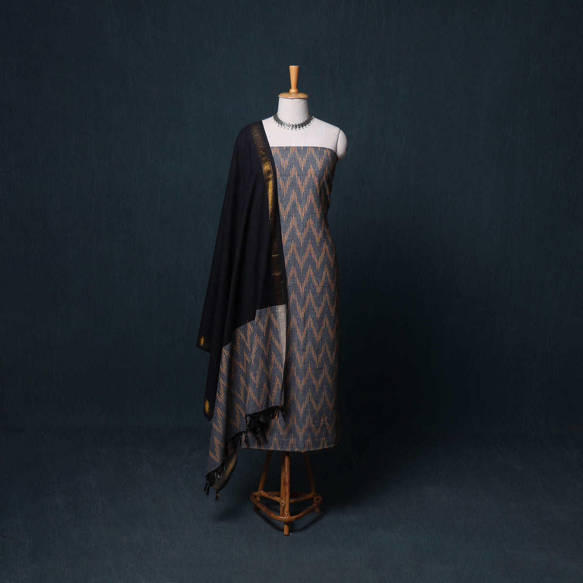 Pochampally Ikat Cotton Unstitched Dress Material: Kurta, Bottom with Dupatta 12