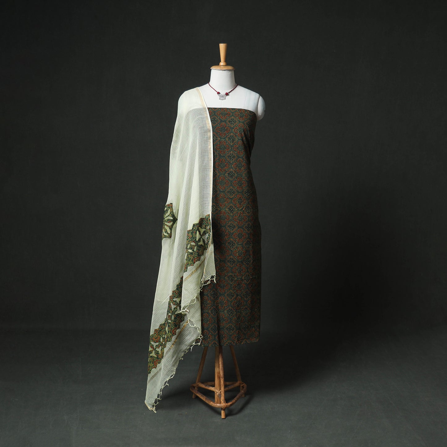 Ajrakh Block Print Natural Dyed Cotton Unstitched Dress Material: Kurta & Dupatta with Jewellery 15