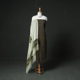 Ajrakh Block Print Natural Dyed Cotton Unstitched Dress Material: Kurta & Dupatta with Jewellery 15