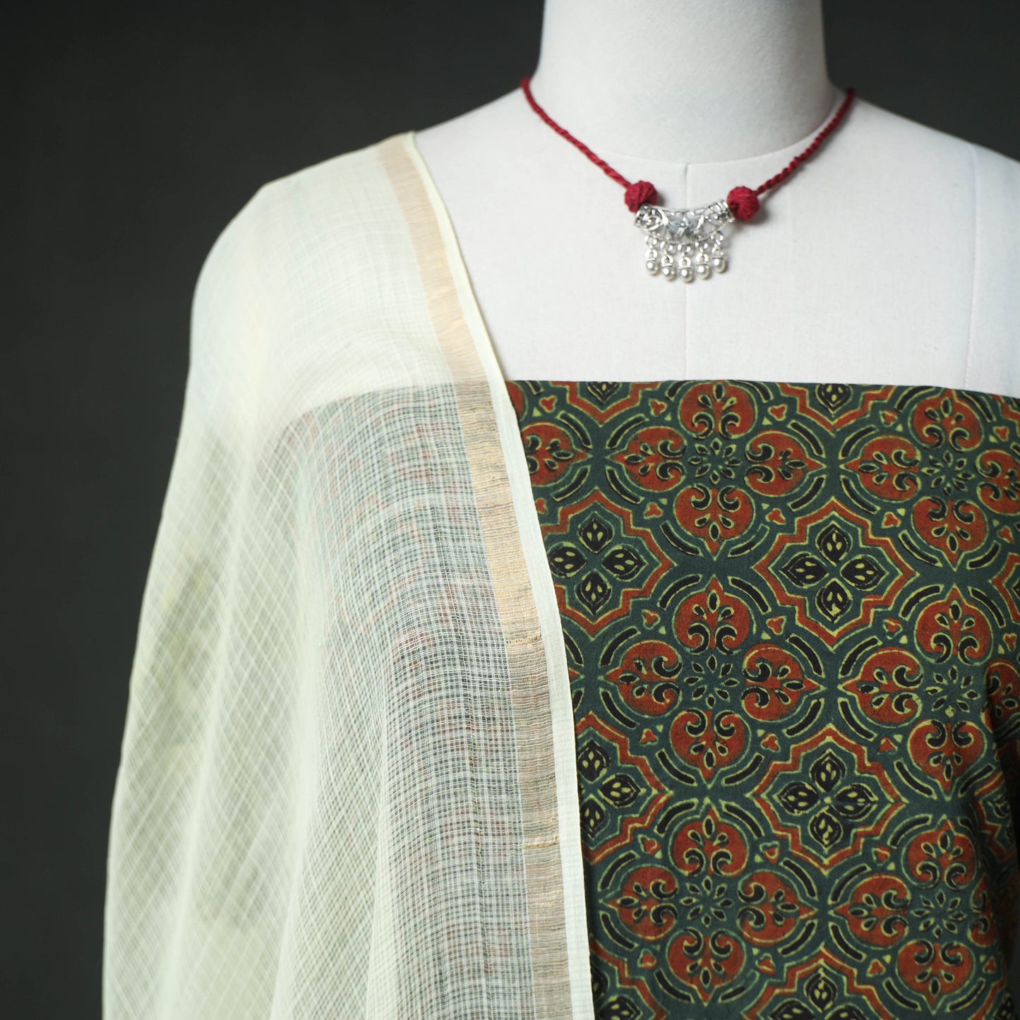 Ajrakh Block Print Natural Dyed Cotton Unstitched Dress Material: Kurta & Dupatta with Jewellery 15