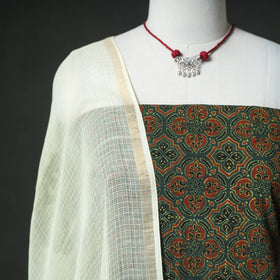 Ajrakh Block Print Natural Dyed Cotton Unstitched Dress Material: Kurta & Dupatta with Jewellery 15