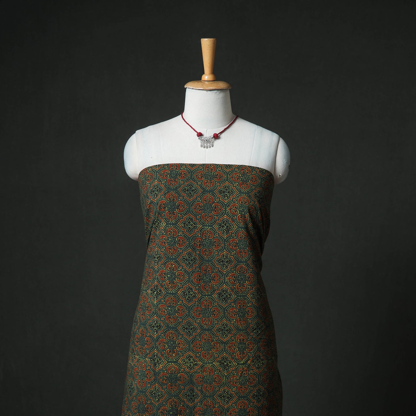 Ajrakh Block Print Natural Dyed Cotton Unstitched Dress Material: Kurta & Dupatta with Jewellery 15
