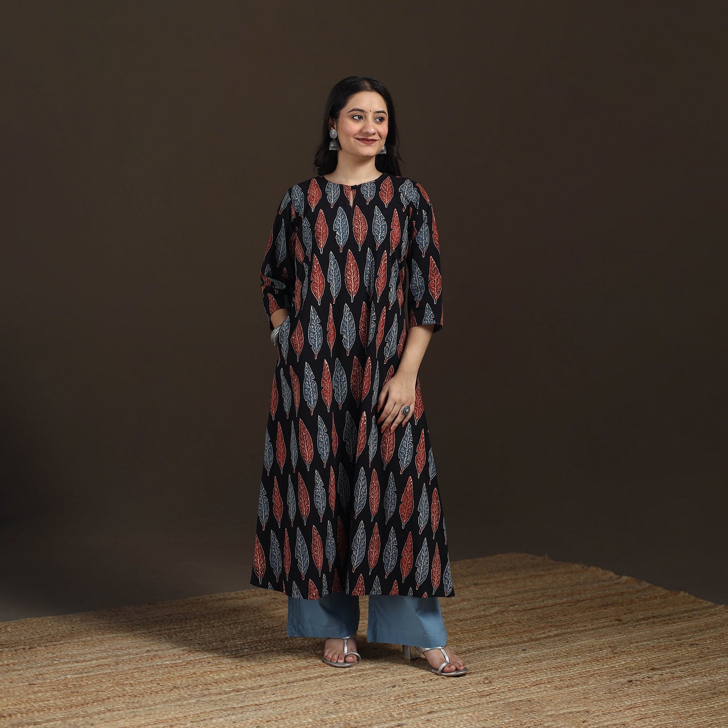 Ajrakh Hand Block Print Natural Dyed Cotton A-Line Long Kurta for women 38