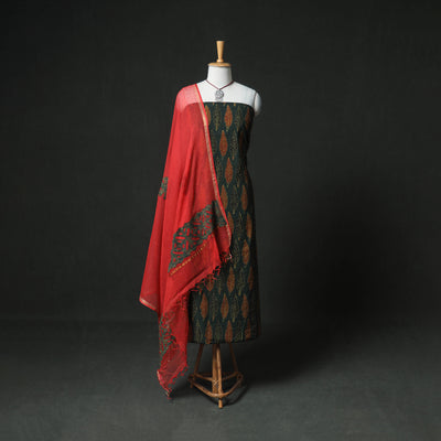 Ajrakh Block Print Natural Dyed Cotton Unstitched Dress Material: Kurta & Dupatta with Jewellery 16