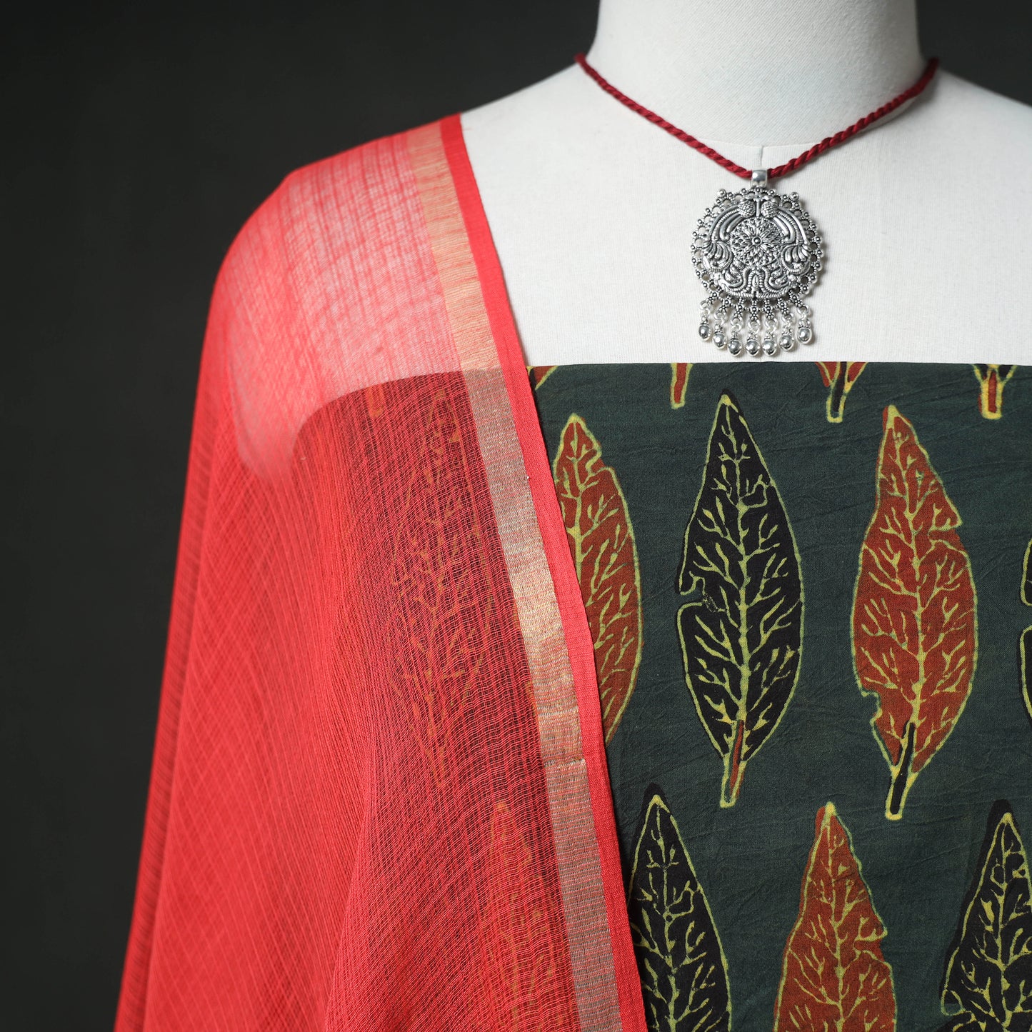 Ajrakh Block Print Natural Dyed Cotton Unstitched Dress Material: Kurta & Dupatta with Jewellery 16