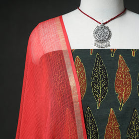 Ajrakh Block Print Natural Dyed Cotton Unstitched Dress Material: Kurta & Dupatta with Jewellery 16