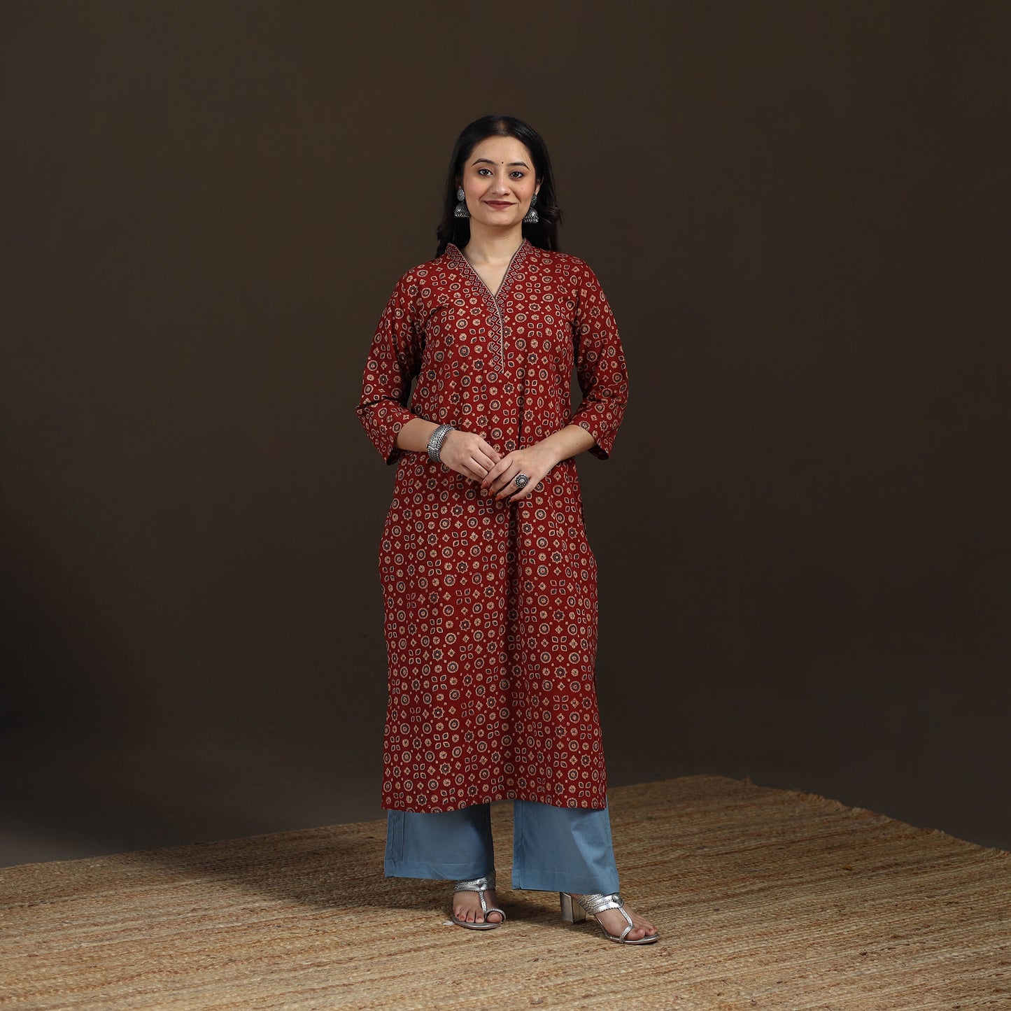 Ajrakh Hand Block Print Natural Dyed Cotton Straight Long Kurta for women 23
