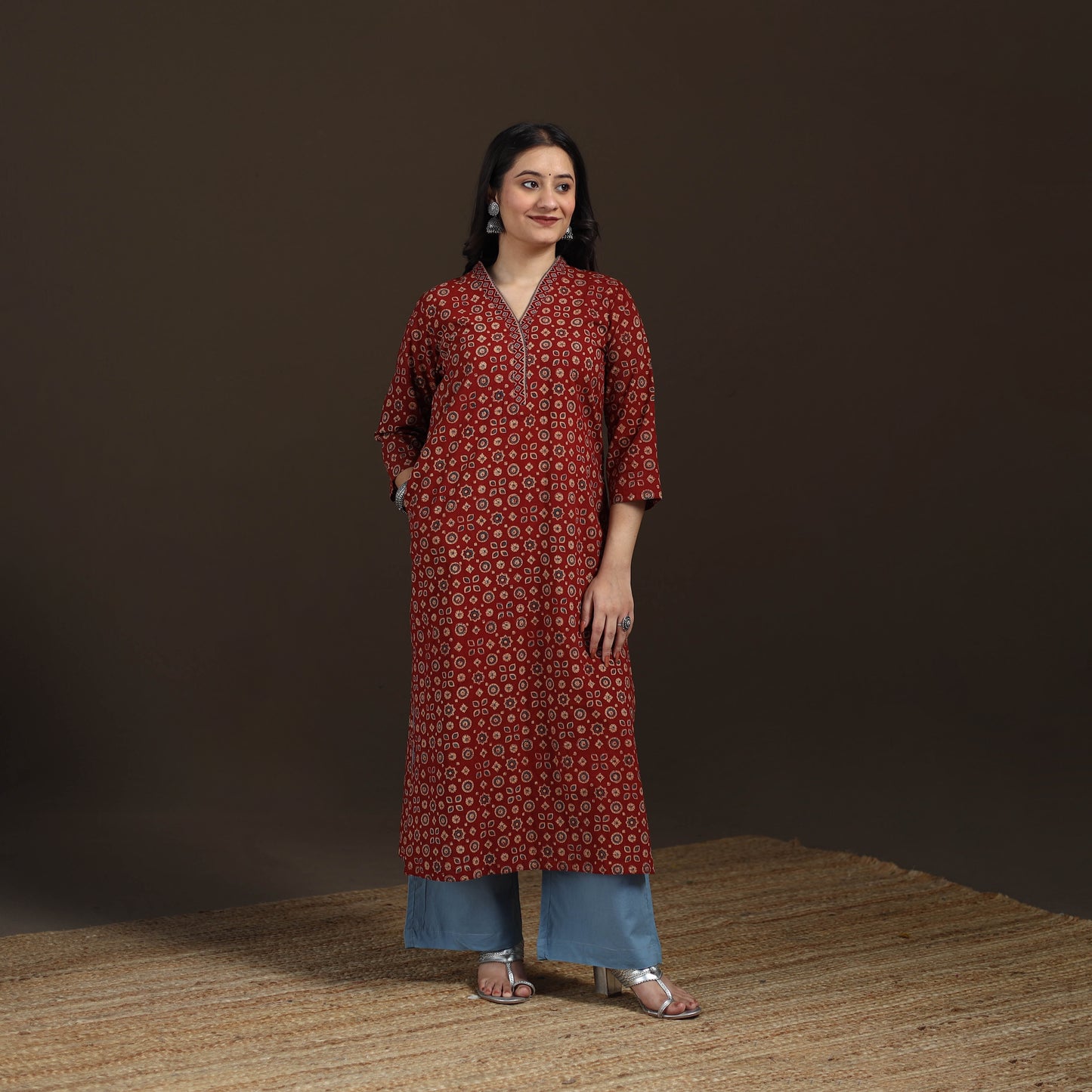 Ajrakh Hand Block Print Natural Dyed Cotton Straight Long Kurta for women 23