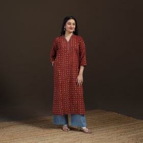 Ajrakh Hand Block Print Natural Dyed Cotton Straight Long Kurta for women 23