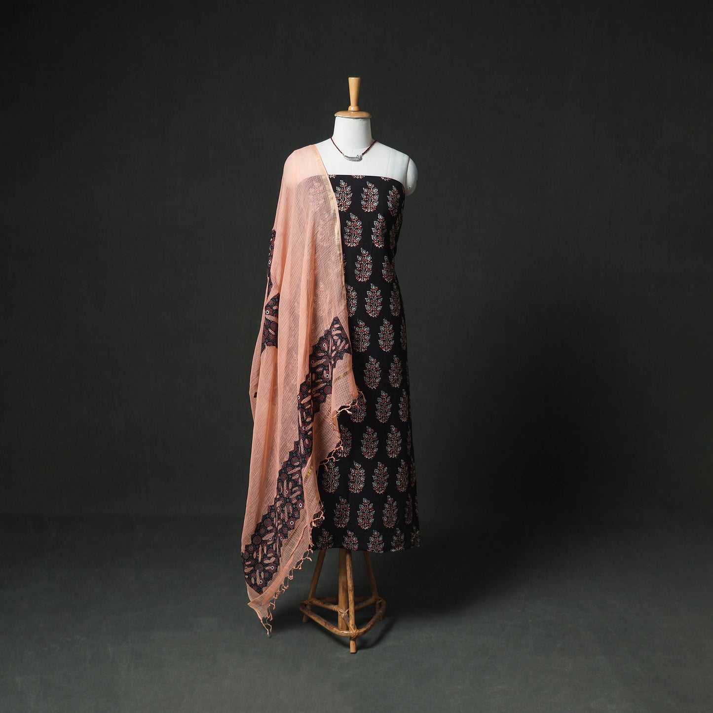Ajrakh Block Print Natural Dyed Cotton Unstitched Dress Material: Kurta & Dupatta with Jewellery 17