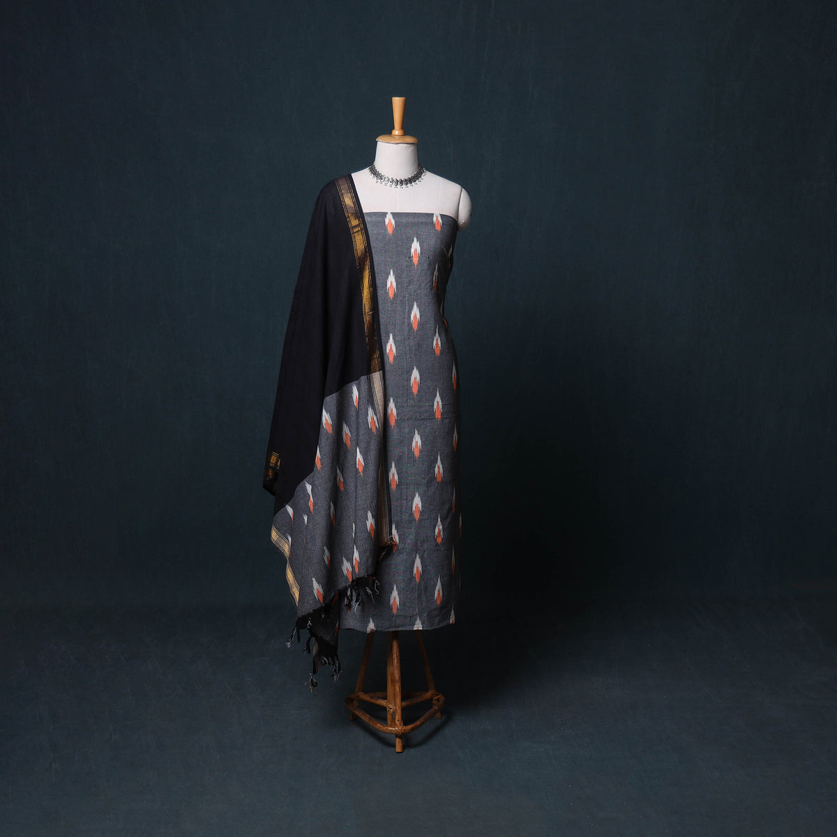 Pochampally Ikat Cotton Unstitched Dress Material: Kurta, Bottom with Dupatta 14
