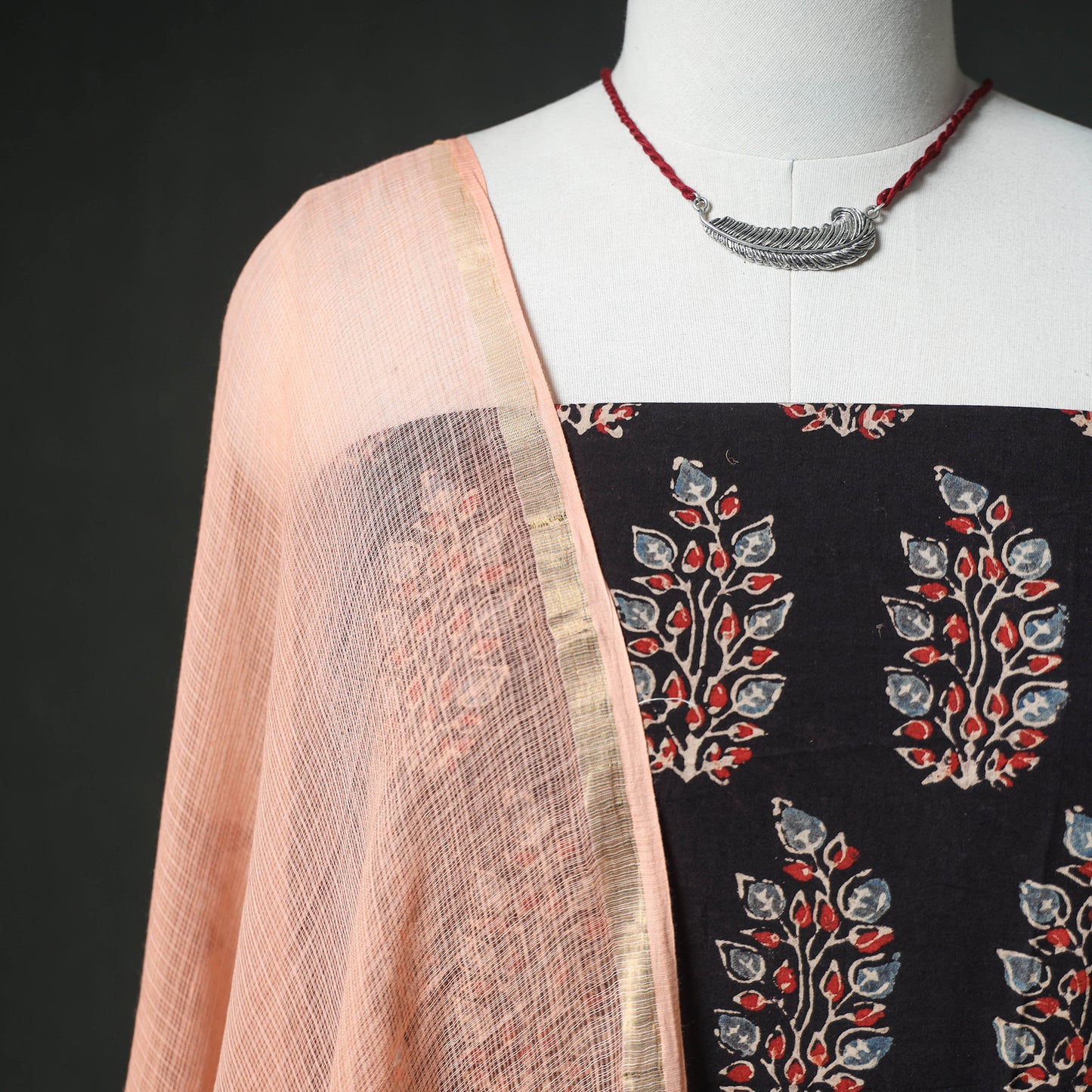 Ajrakh Block Print Natural Dyed Cotton Unstitched Dress Material: Kurta & Dupatta with Jewellery 17