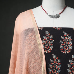 Ajrakh Block Print Natural Dyed Cotton Unstitched Dress Material: Kurta & Dupatta with Jewellery 17