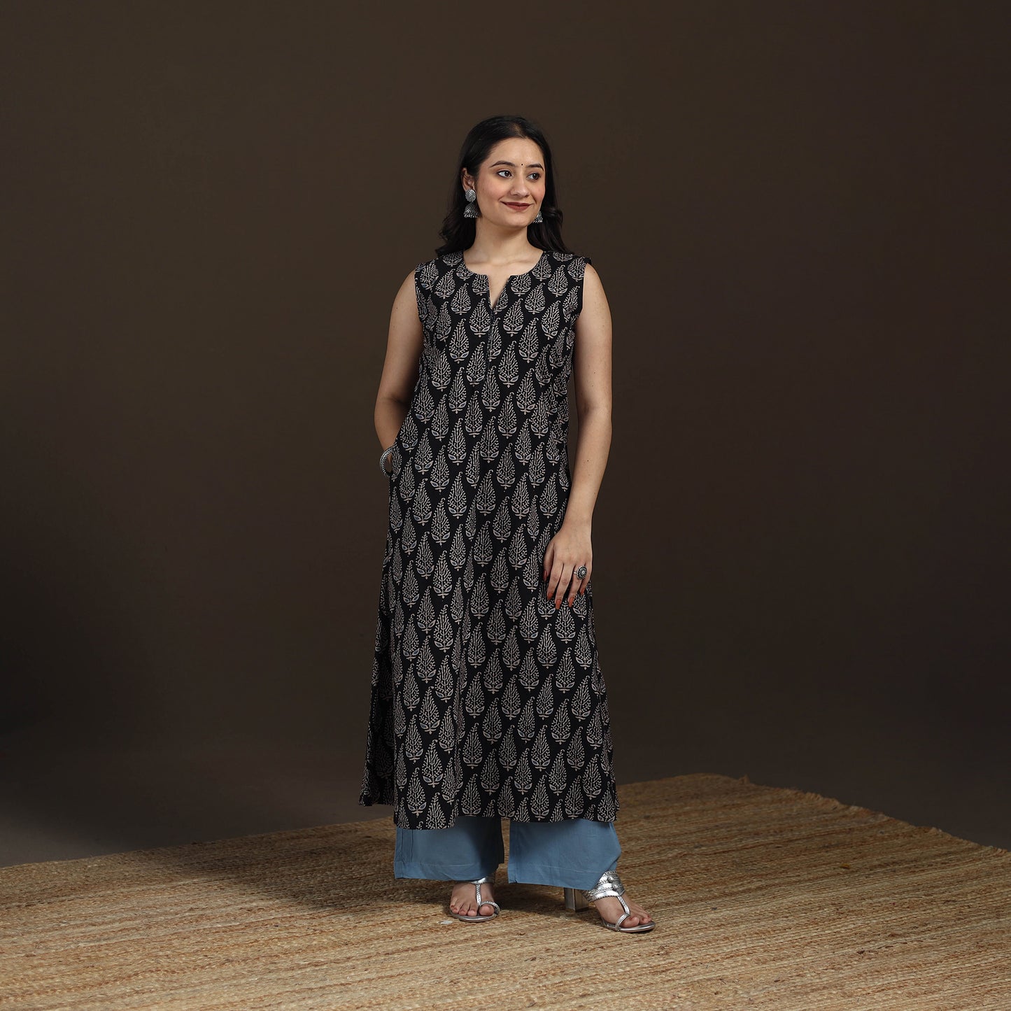 Ajrakh Hand Block Print Natural Dyed Cotton Sleeveless A-Line Long Kurta for women 36