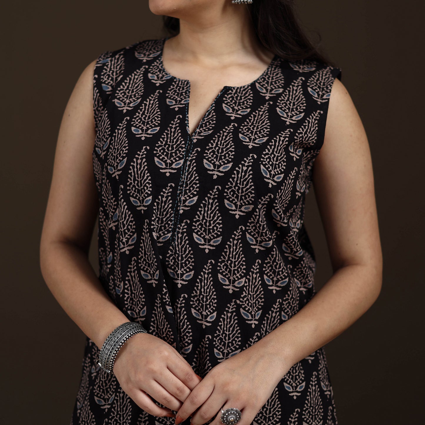 Ajrakh Hand Block Print Natural Dyed Cotton Sleeveless A-Line Long Kurta for women 36