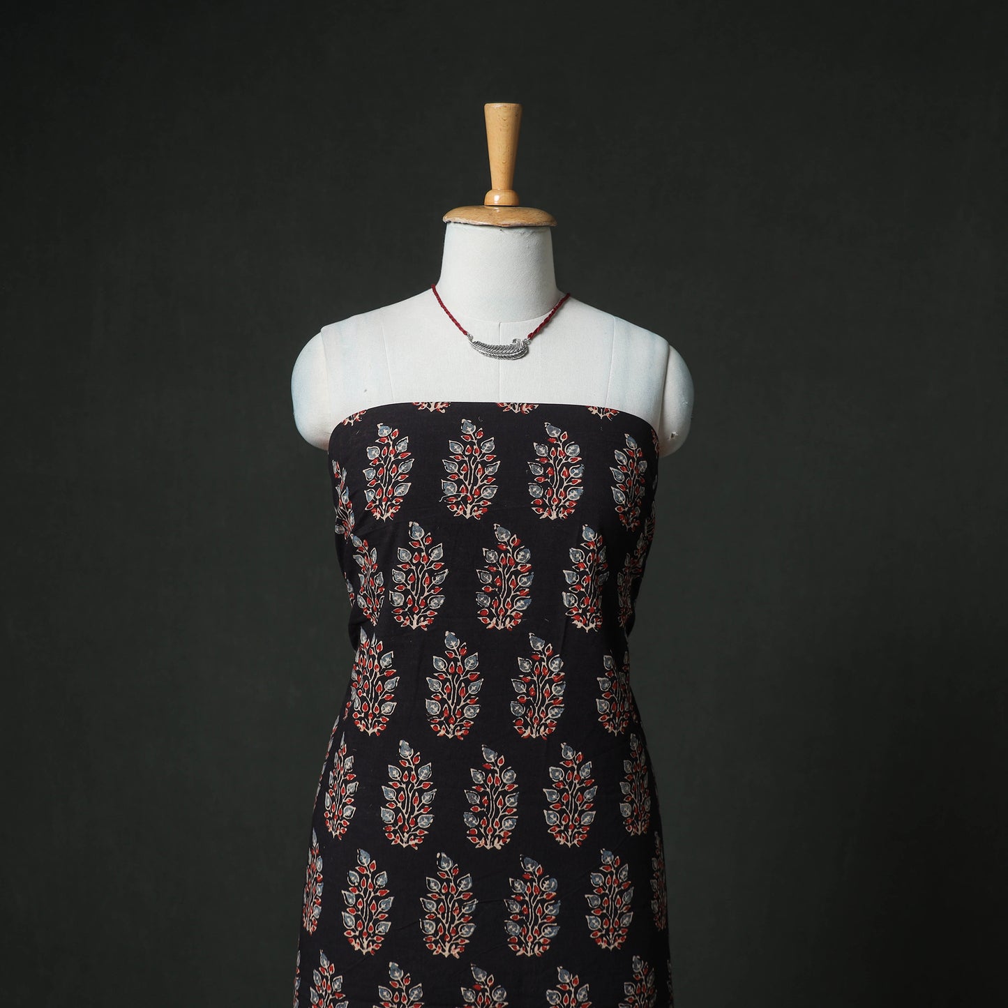 Ajrakh Block Print Natural Dyed Cotton Unstitched Dress Material: Kurta & Dupatta with Jewellery 17