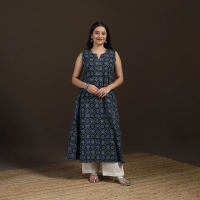 Ajrakh Hand Block Print Natural Dyed Cotton Sleeveless A-Line Long Kurta for women 33