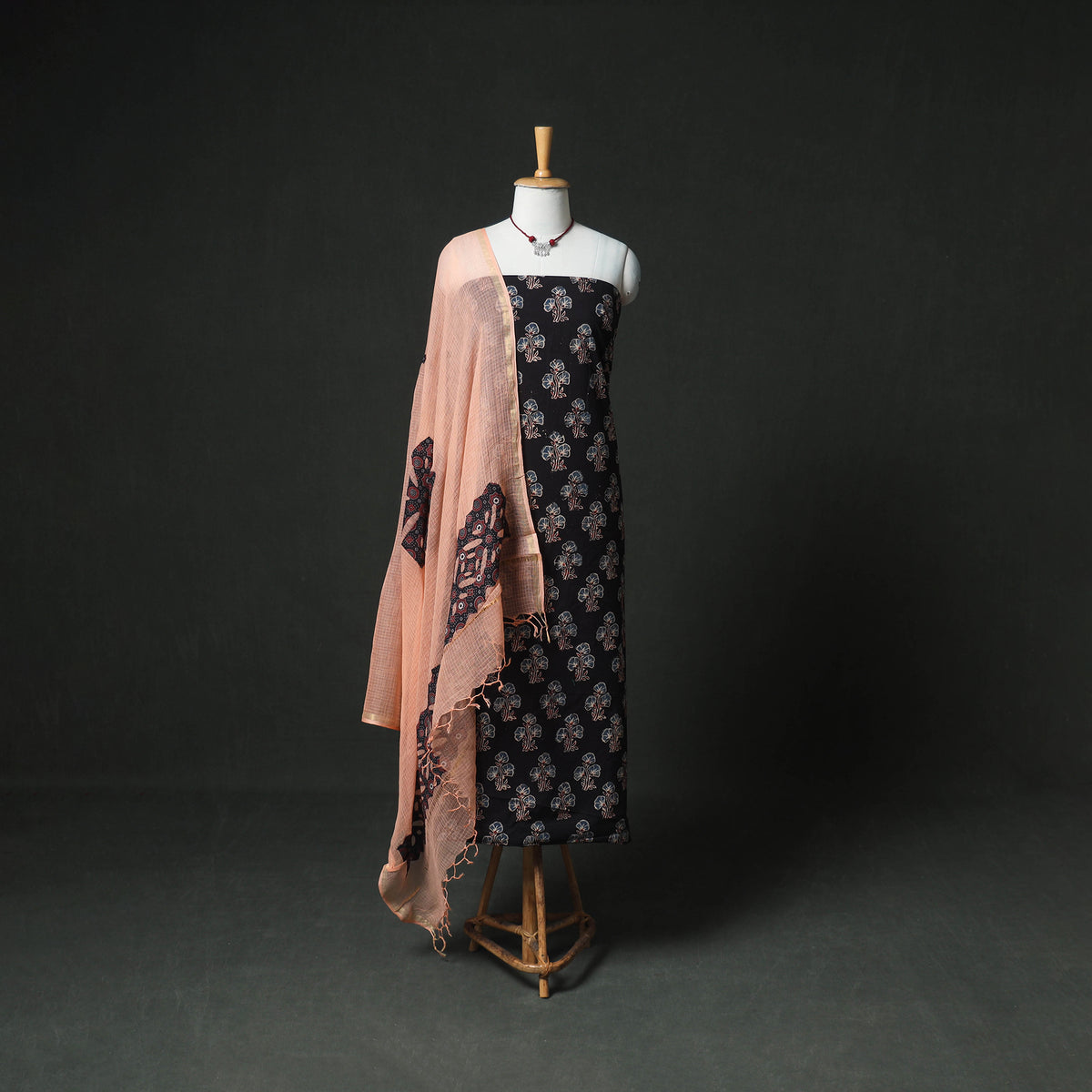 Ajrakh Block Print Natural Dyed Cotton Unstitched Dress Material: Kurta & Dupatta with Jewellery 18