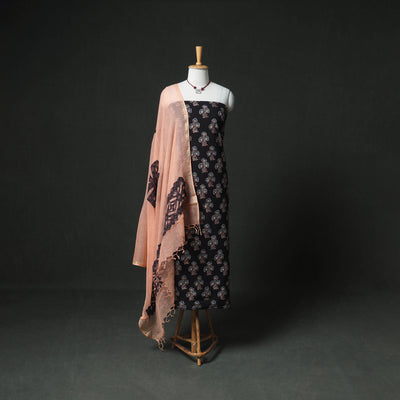 Ajrakh Block Print Natural Dyed Cotton Unstitched Dress Material: Kurta & Dupatta with Jewellery 18