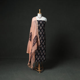 Ajrakh Block Print Natural Dyed Cotton Unstitched Dress Material: Kurta & Dupatta with Jewellery 18