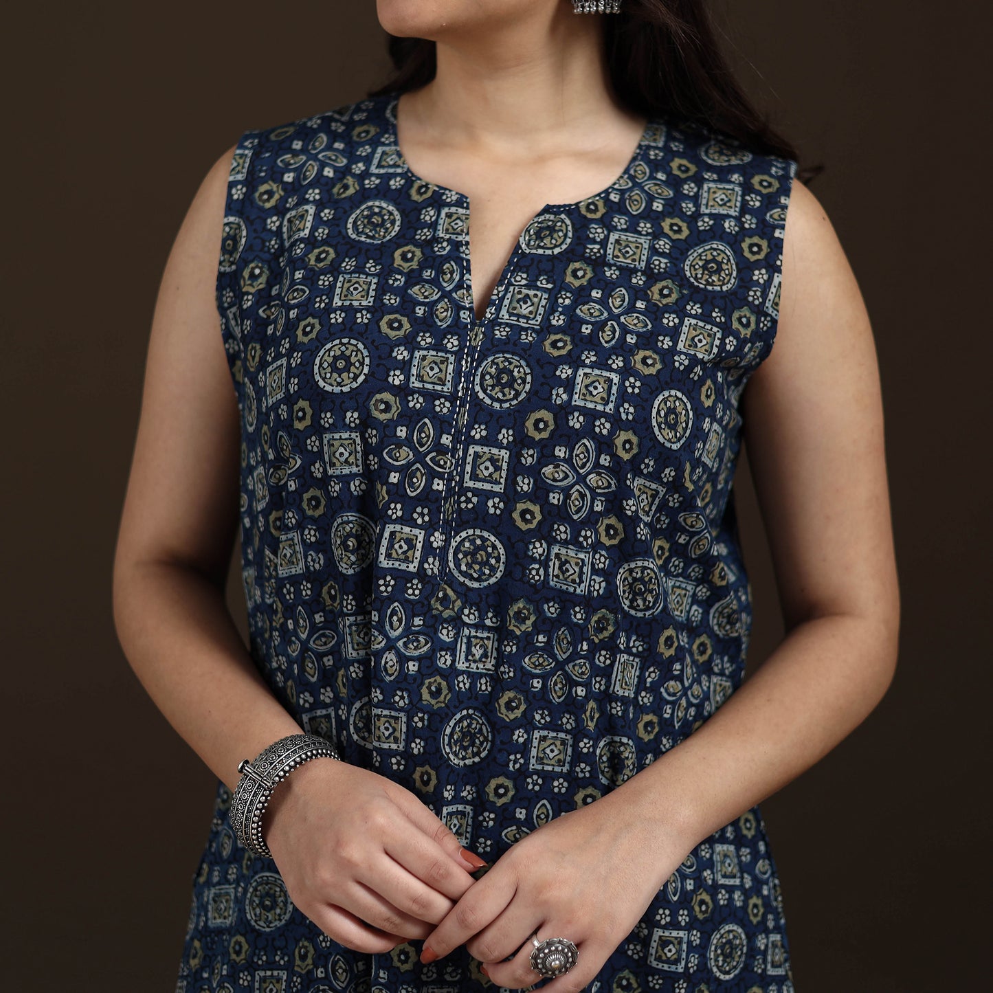 Ajrakh Hand Block Print Natural Dyed Cotton Sleeveless A-Line Long Kurta for women 33