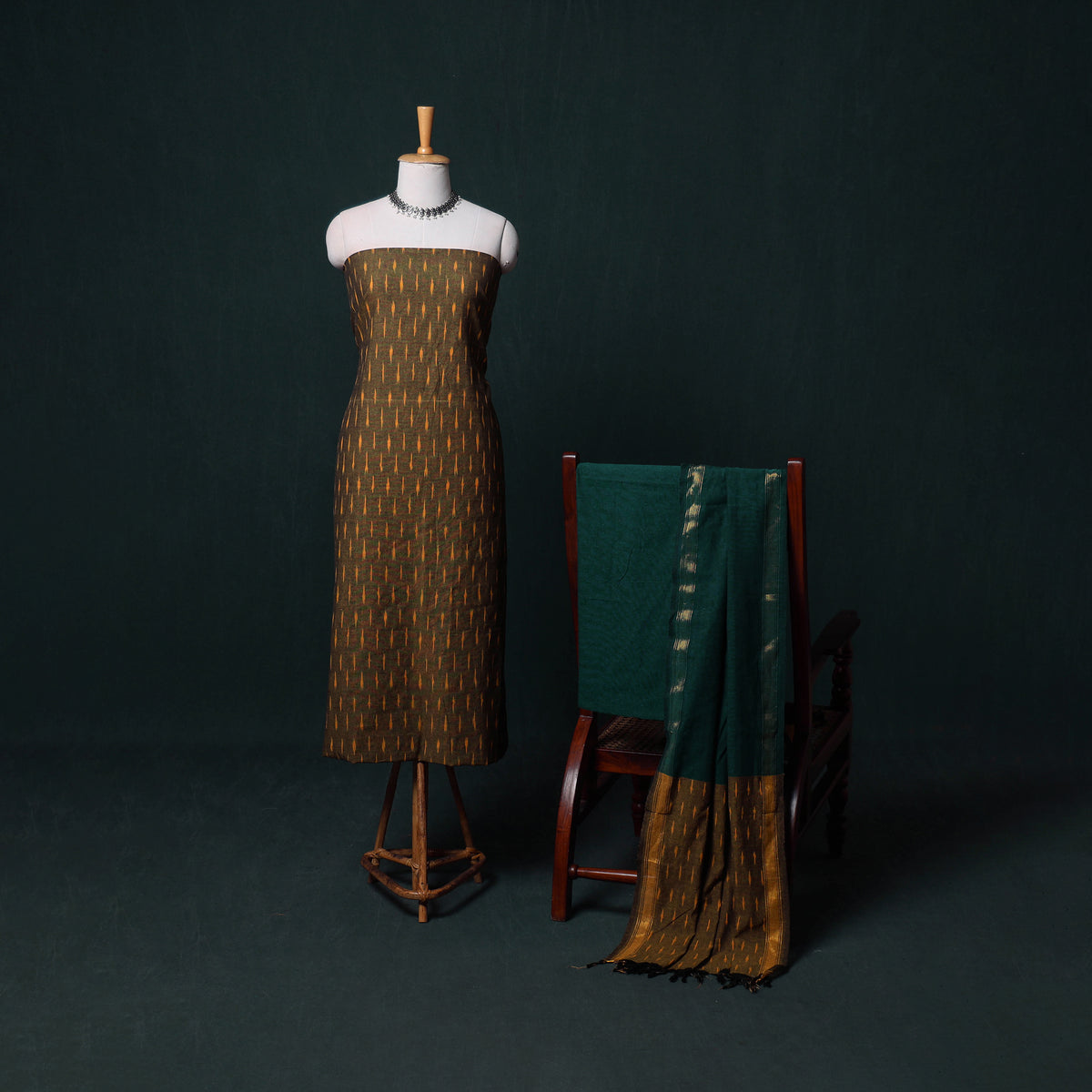 Pochampally Ikat Cotton Unstitched Dress Material: Kurta, Bottom with Dupatta 16