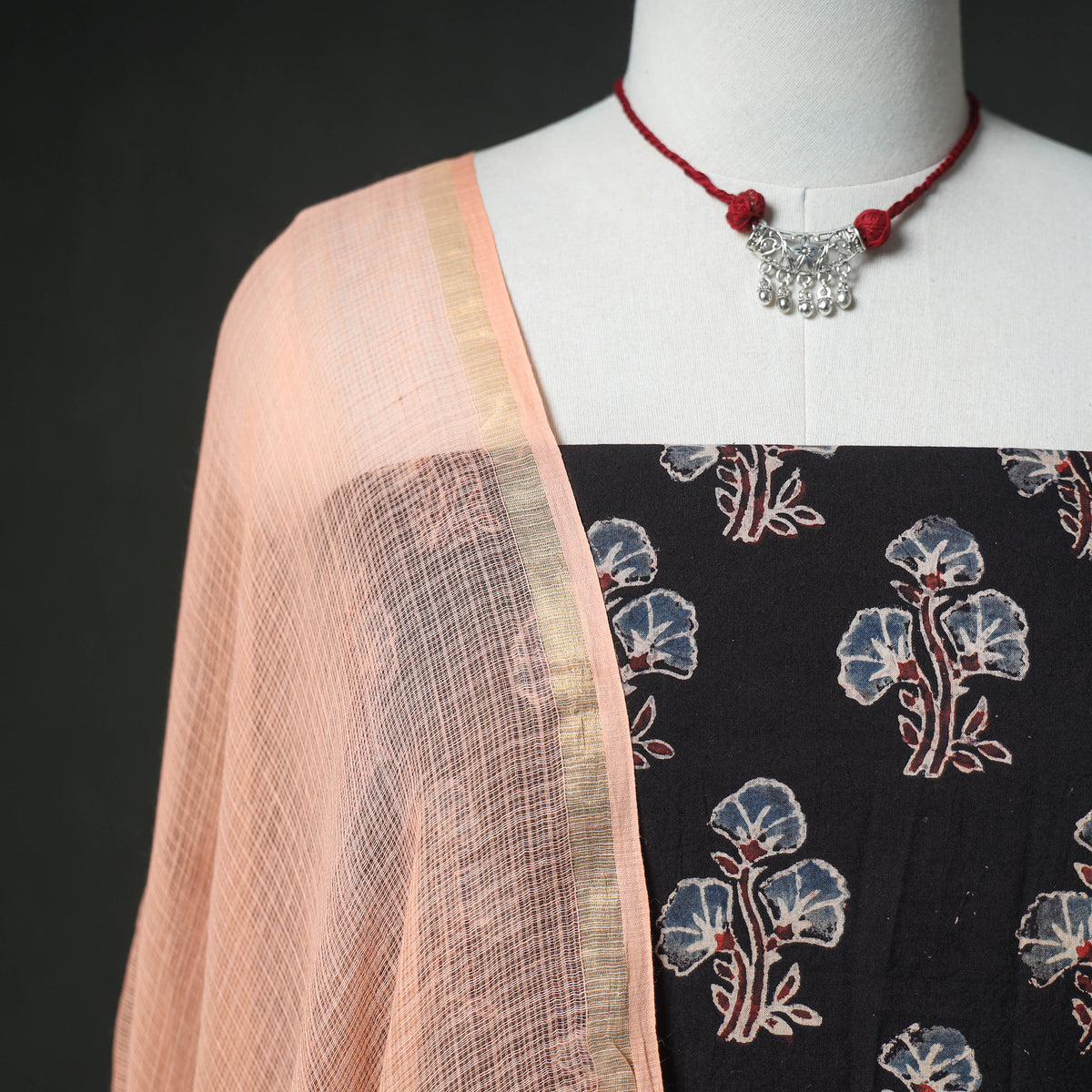 Ajrakh Block Print Natural Dyed Cotton Unstitched Dress Material: Kurta & Dupatta with Jewellery 18
