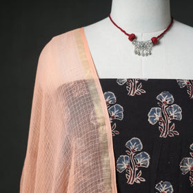 Ajrakh Block Print Natural Dyed Cotton Unstitched Dress Material: Kurta & Dupatta with Jewellery 18
