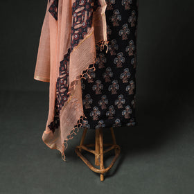 Ajrakh Block Print Natural Dyed Cotton Unstitched Dress Material: Kurta & Dupatta with Jewellery 18