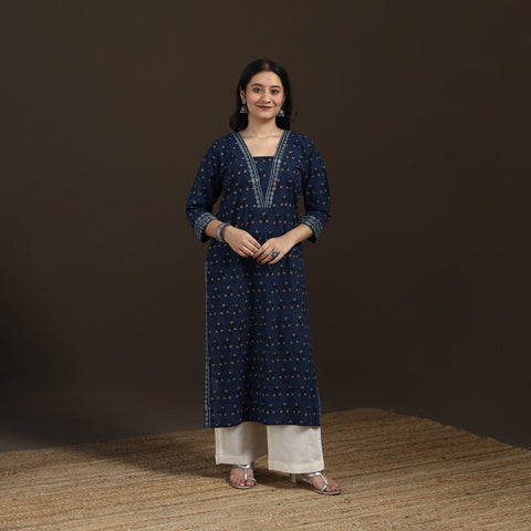 Blue - Ajrakh Hand Block Print Natural Dyed Cotton Straight Long Kurta for women 30