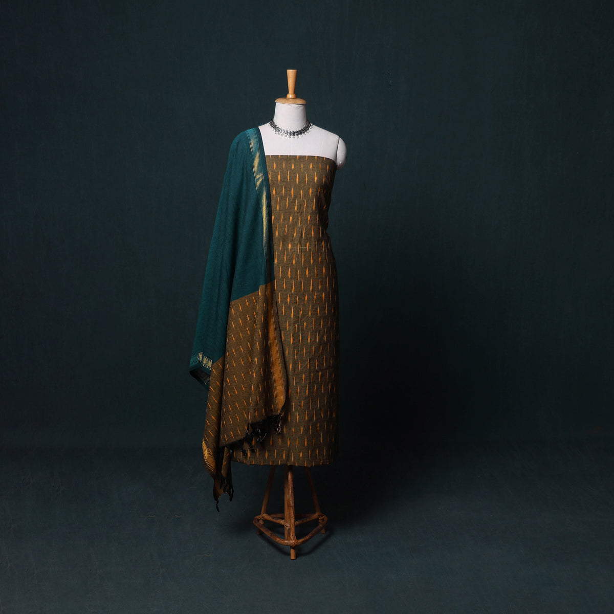 Pochampally Ikat Cotton Unstitched Dress Material: Kurta, Bottom with Dupatta 16