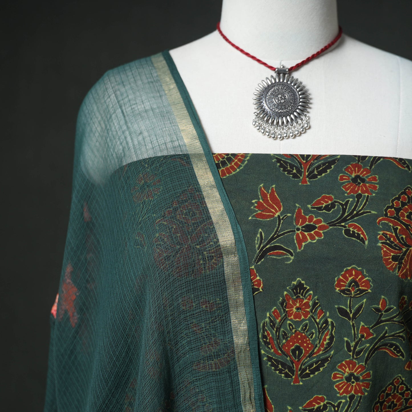 Ajrakh Block Print Natural Dyed Cotton Unstitched Dress Material: Kurta & Dupatta with Jewellery 19