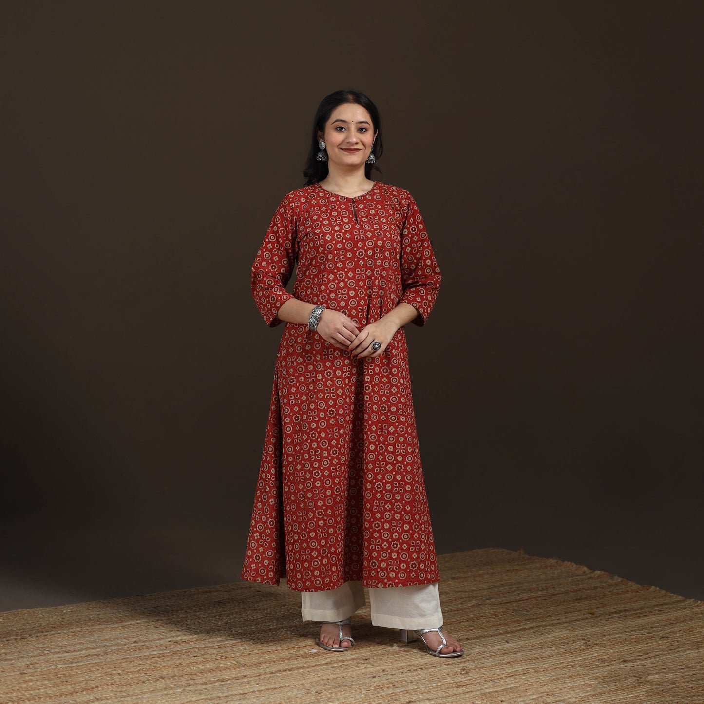 Ajrakh Hand Block Print Natural Dyed Cotton A-Line Long Kurta for women 31