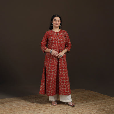 Ajrakh Hand Block Print Natural Dyed Cotton A-Line Long Kurta for women 31