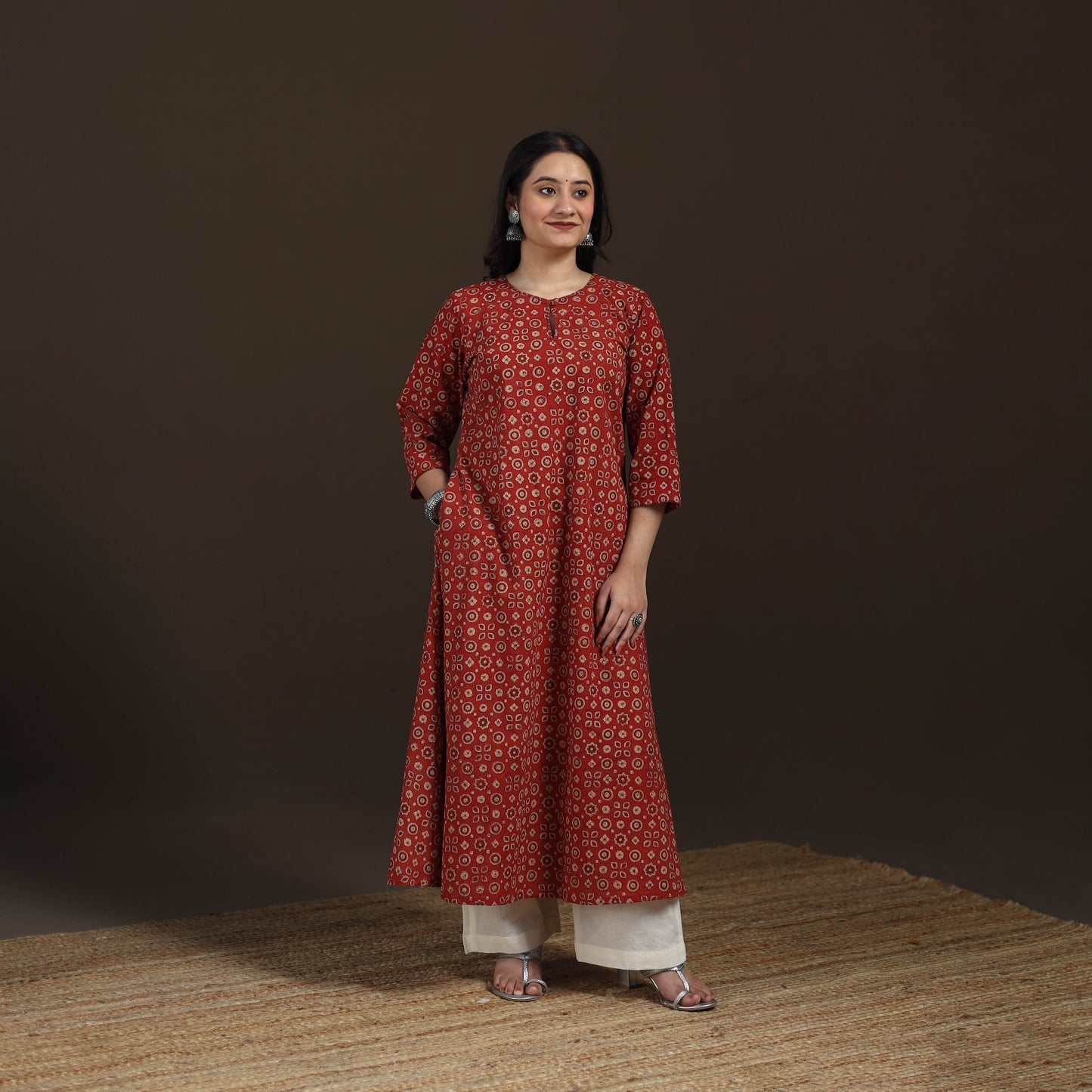Ajrakh Hand Block Print Natural Dyed Cotton A-Line Long Kurta for women 31