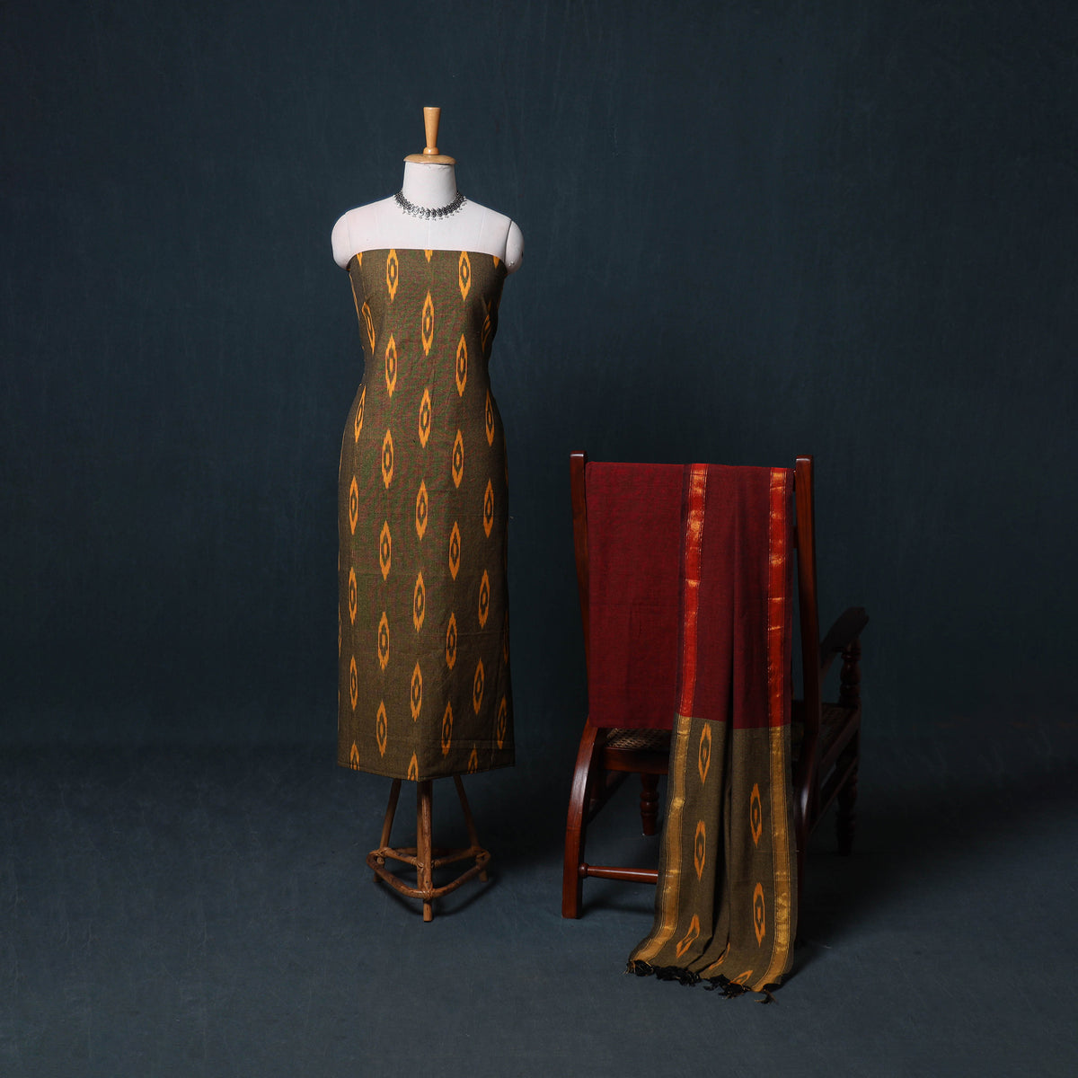 Pochampally Ikat Cotton Unstitched Dress Material: Kurta, Bottom with Dupatta 17