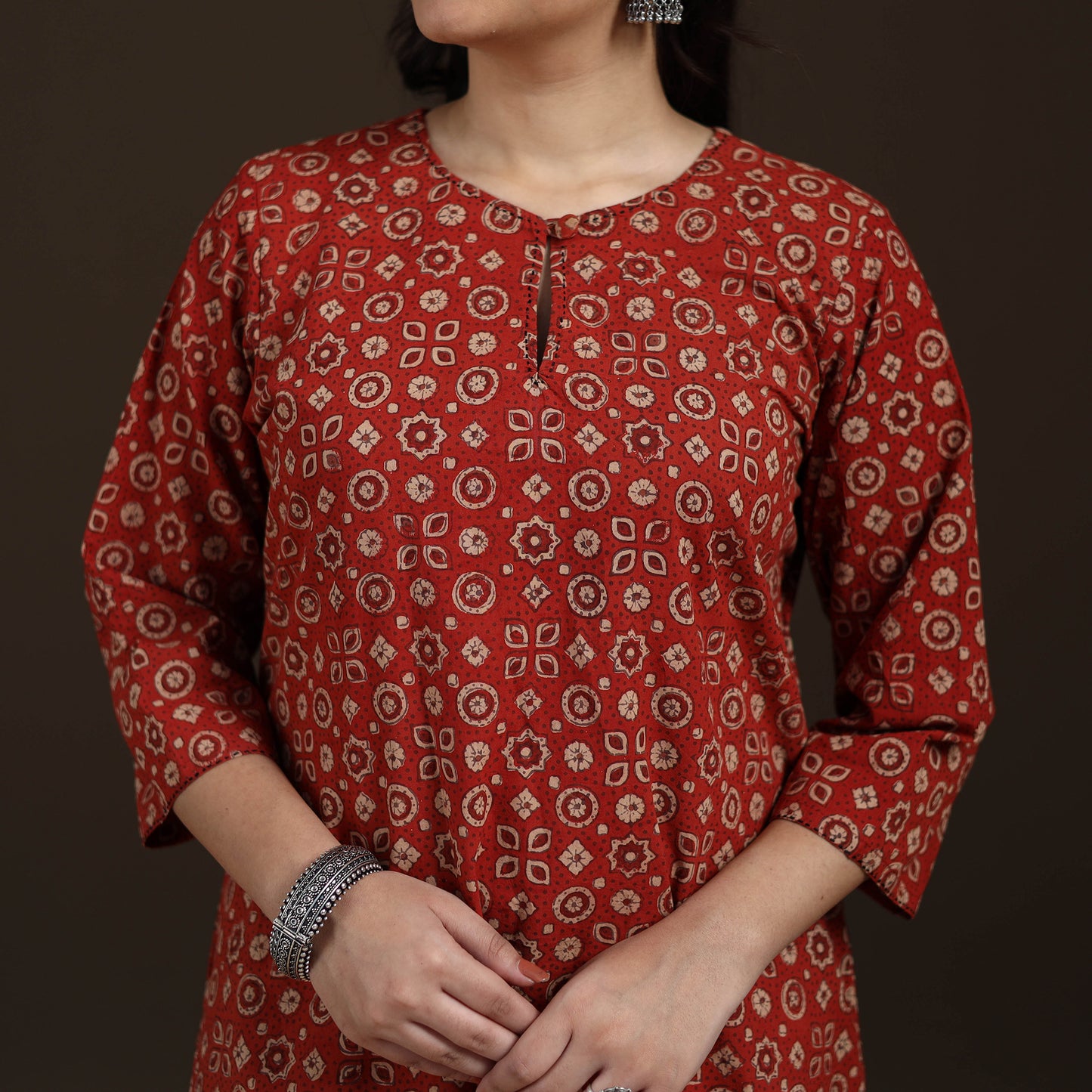 Ajrakh Hand Block Print Natural Dyed Cotton A-Line Long Kurta for women 31