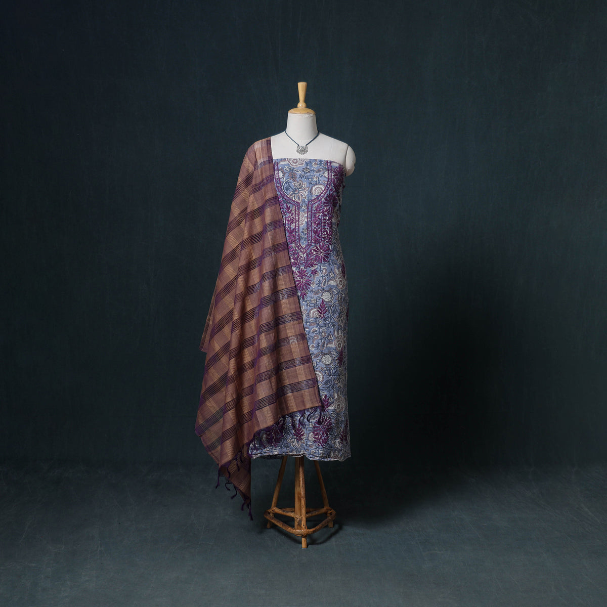 Lucknowi Chikankari Hand Work Unstitched Dress Material: Kurta & Dupatta with Jewellery 04