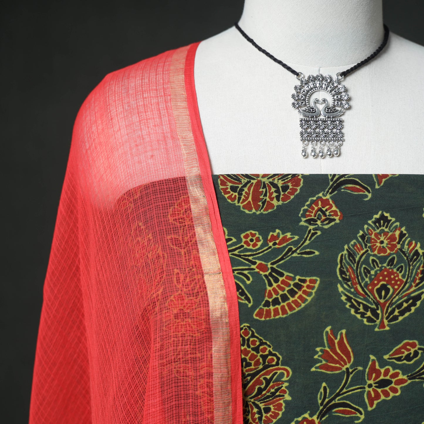 Ajrakh Block Print Natural Dyed Cotton Unstitched Dress Material: Kurta & Dupatta with Jewellery 20